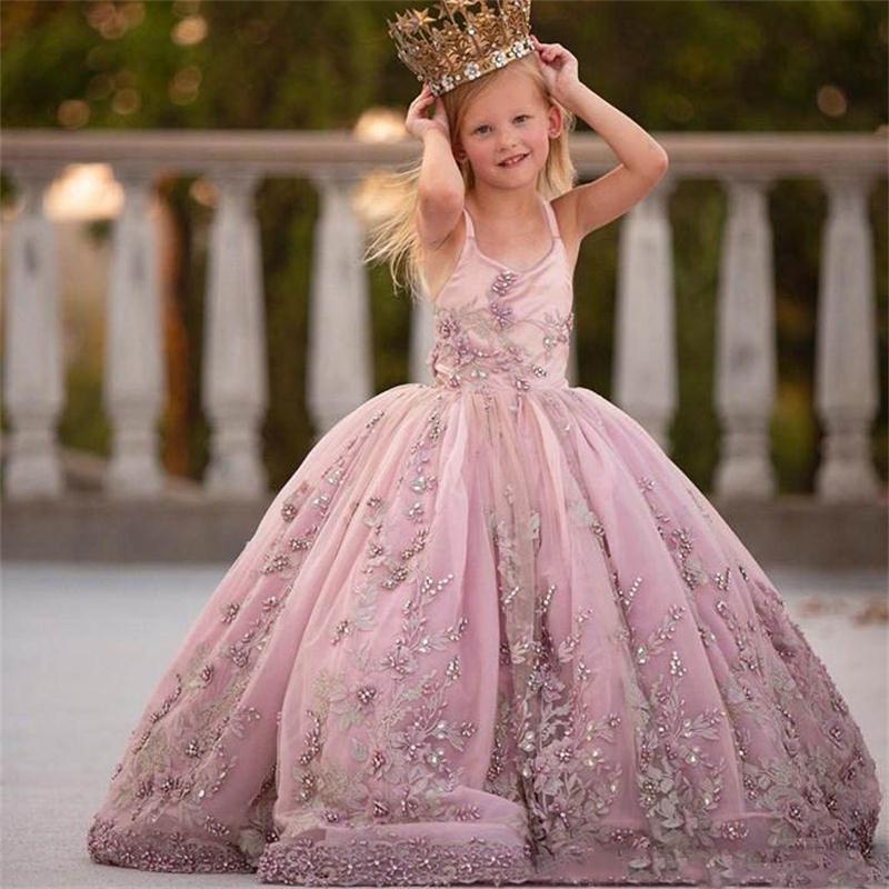 new arrival lace pearls flower girl dresses ball gown spaghetti girls wedding party dress vintage communion pageant gowns