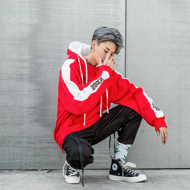 New BF Oversize Hoodie Streetwear Hip Hop Red Black Double Hooded Hoody Mens Hoodies and Sweatshirts High Street L160 V191128