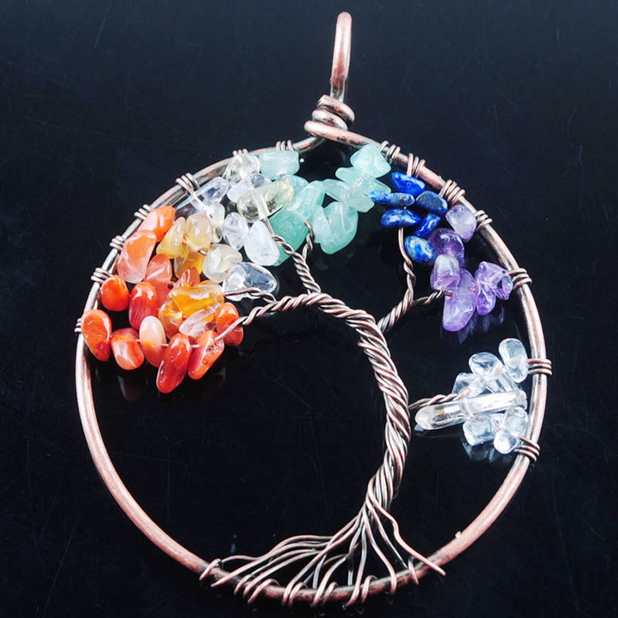 WOJIAER 52mm The Tree Of Life Ancient Copper Pendant Jewelry Natural Crystal Quartz Gem Stone Round BN326