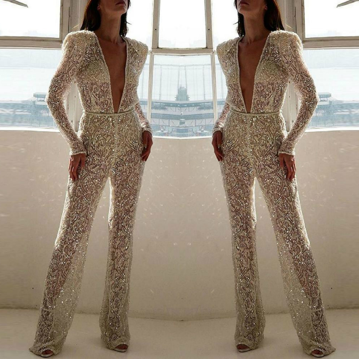 2020 Berta Wedding Jumpsuits Deep V Neck Lace Sequins Beaded Long Sleeve Wedding Dress Bridal Gowns Floor Length Robes De Mariée