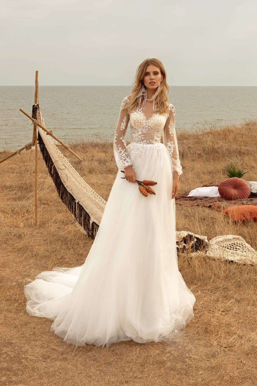 a line beach wedding dresses lace appliqued long sleeve bridal gown boho bohemian tulle wedding dress robes de marie