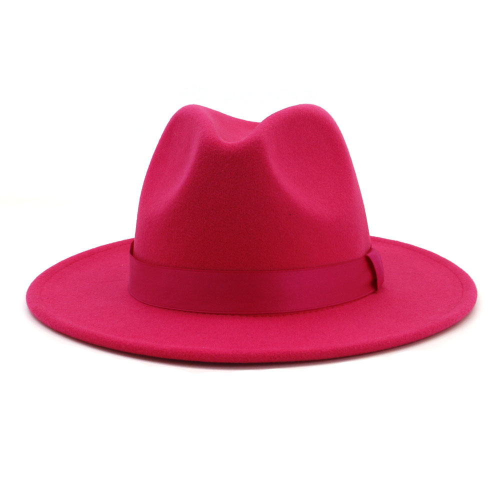 Fashion-Rosy Wool Felt Jazz Fedora Hat with Ribbon Wide Brim Panama Formal Hat Trilby Ladies Fascinator Dress Hats