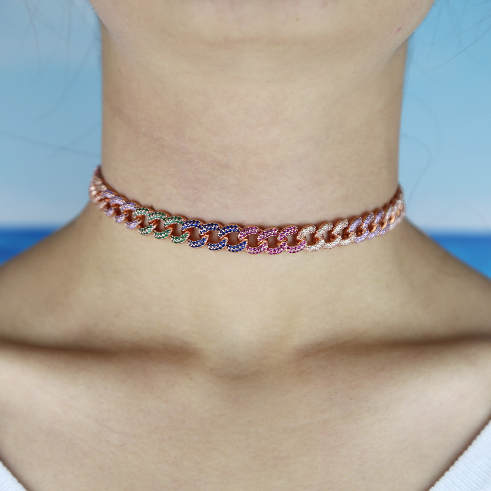 Iced Out Women Choker Necklace Rose Gold Metal Cuban Link Full With rainbow colorful Cubic Zirconia Stones Chain Jewelry