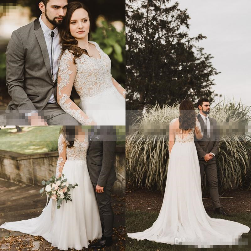 Beach Bohomian Dresses Chiffon V Neck Lace Applique Illusion Back Long Sleeves Plus Size Wedding Bridal Gown Vestido De Novia estido