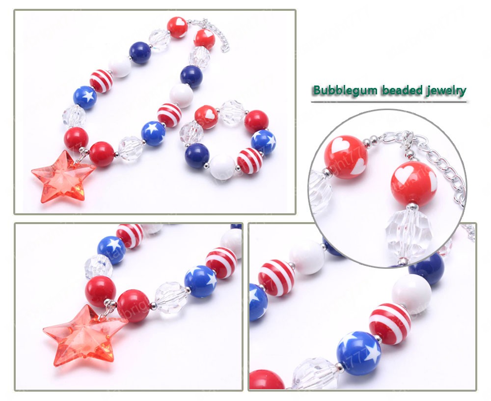 New Forth July Girls Beads Necklace Fashion Star Pendants Child Chunky Bubblegum Necklace For Baby Kids