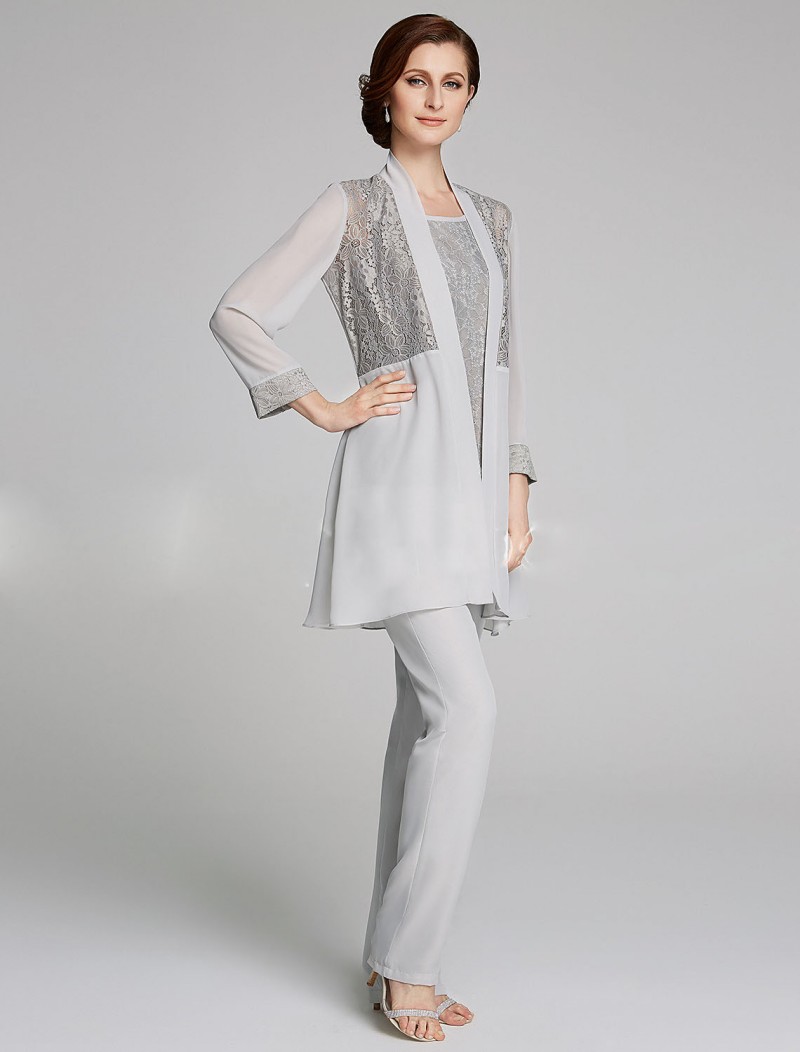 Plus Size Mother Of The Bride Pant Suit 3 Piece Chiffon for Beach Wedding Dress Mother's Dress Long Sleeves Chiffon Silver Evening Gowns