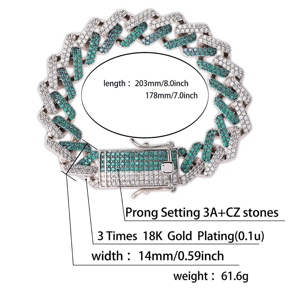 Mint Green Cuba Chain Bracelet Men's Hip Hop Full Diamond Stone Platinum Plated Geometric Shape Bangle