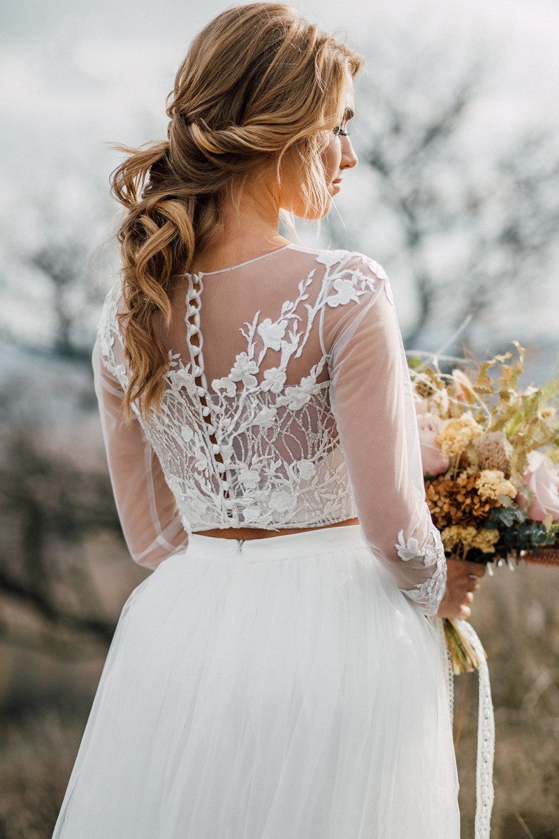 Chic Two Pieces Wedding Dresses Lace Appliqued Long Sleeve Bohemian Beach Bridal Gowns Boho Sexy 2019 Tulle A Line Wedding Dress