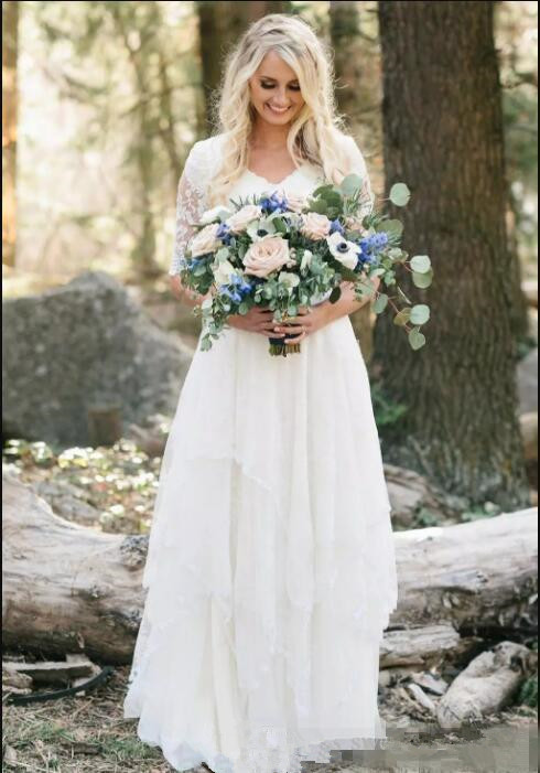 Bohemian Forest Wedding Dresses 2019 Lace Chiffon Modest V Neck Half Sleeves Long Western Country Bridal Gowns Plus Size Dress for Wedding