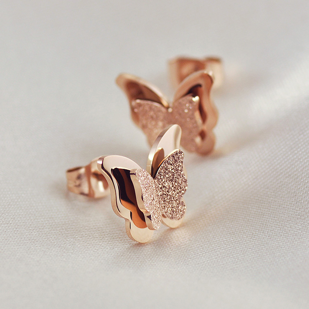 Charm Shining Scrub Butterfly Stud Earrings Jewelry Stainless Steel 14K Gold Plated Earrings Women Girl's Gift