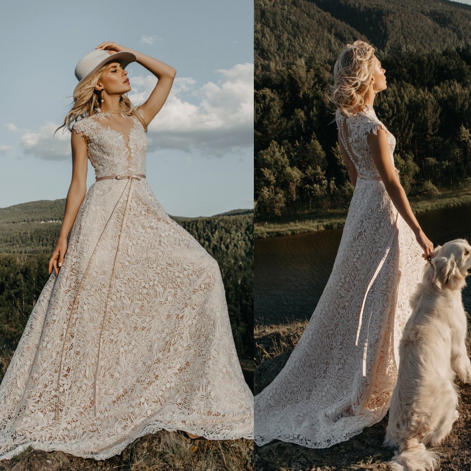 Bohemian Wedding Dresses Jewel Neck A Line Appliqued Cap Sleeves Boho Wedding Dress Sweep Train Lace Cheap Vestidos De Novia