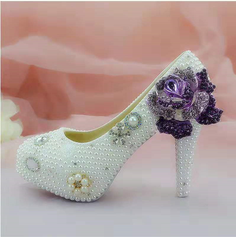 Pearls Flower Wedding Shoes Diamond Purple Rose Pumps High Heels Bridal Shoes 8cm 11cm 14cm Bling Bling Prom Shoes for Lady