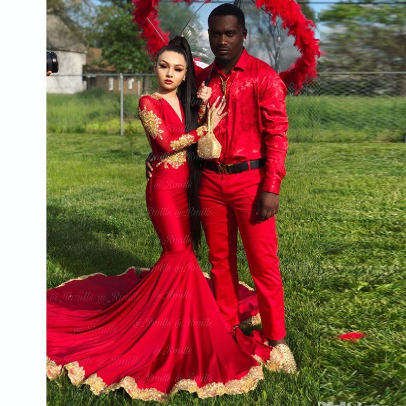 Red Black Girls Mermaid Prom Dresses V Neck Sweep Train Party Dresses Long Sleeve Special Occasion Dress
