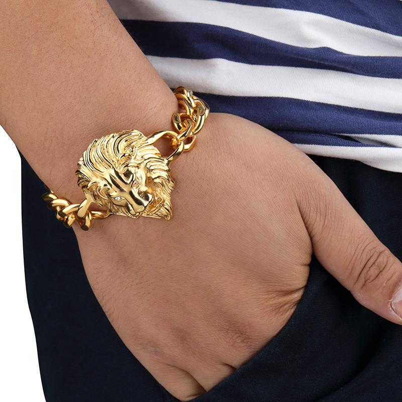 Wholesale-Gold Bracelet Men Hiphop Lion Head Bracelet Charms Stainless Steel Wrist Chains Punk Rock Bracelet 24cm