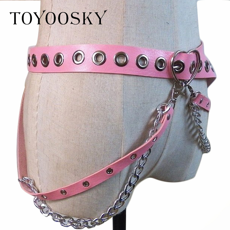 Women Gothic Punk Heart Shape Belt For Women Street Fashion Rock Hip-hop With Two Chain Waist Belts Ins Second Cowskin Toyoosky C19021601