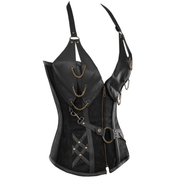 Zipper Brocade Steampunk Corset Halterneck Retro Bustiers Corsets Plus Size S-6XL Women's Clubwear Sexy Lingerie Corset Top with Chains