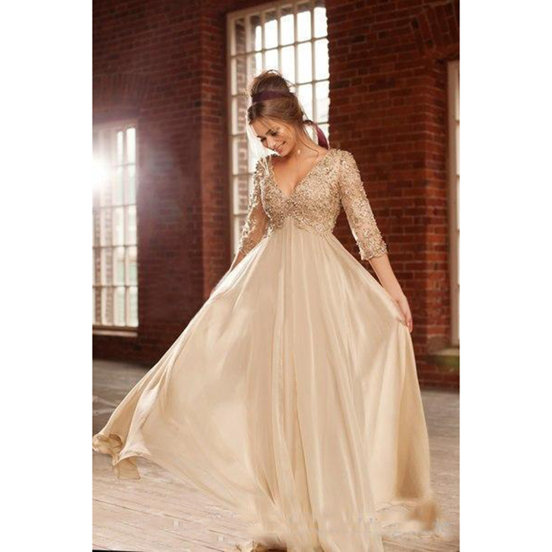 Modern Champagne Chiffon A Line Evening Dresses Luxury Beading Pearls With Sleeves Prom Party Gowns V Neck Formal Dresses
