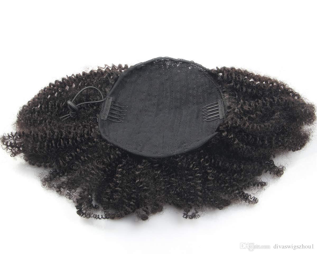 Unprocessed Natural color dyeable afro puff curly drawstring ponytail clip in human hair pony tail hair pieces 3c afro kinky curly