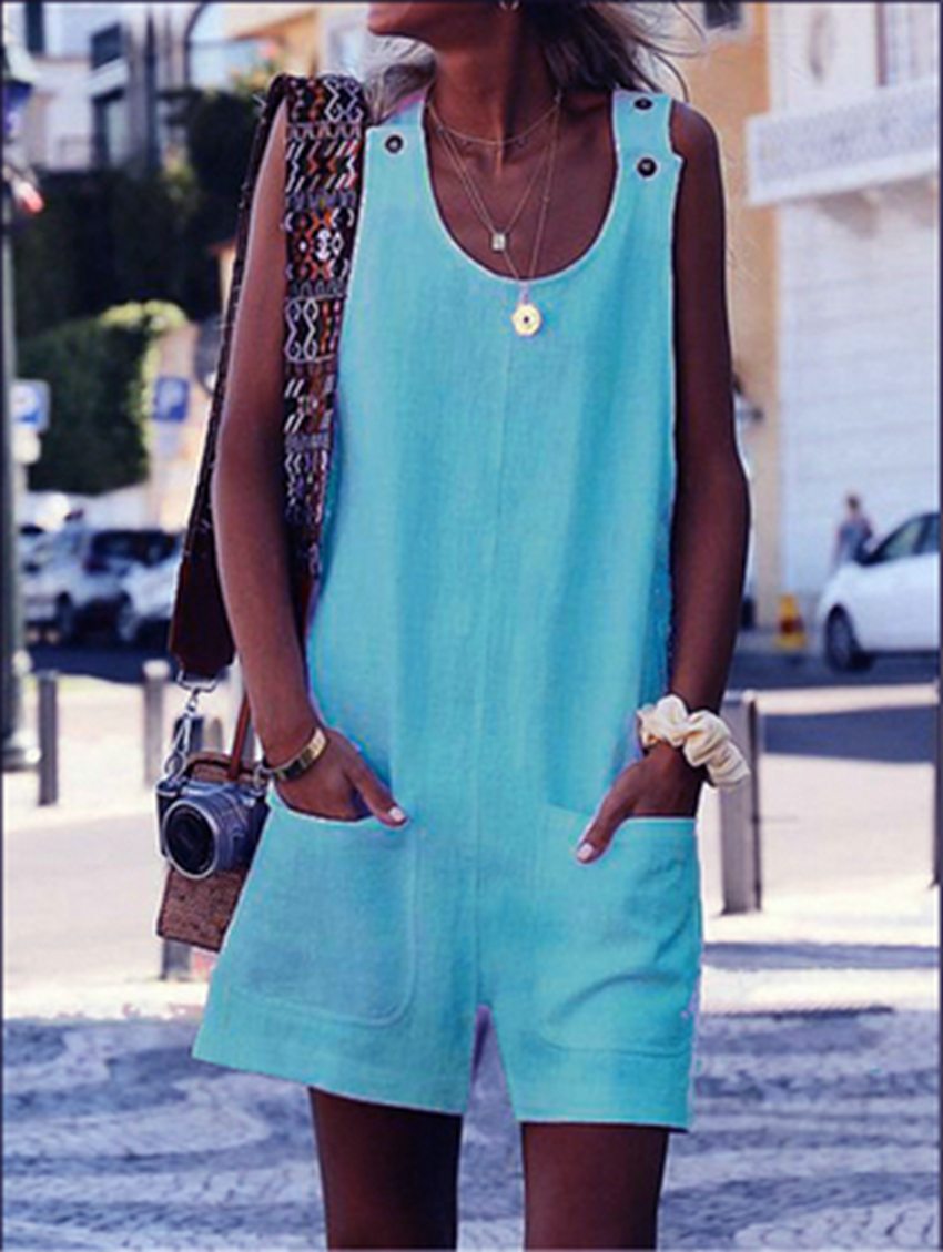 Jumpsuits European spring and summer fashion pocket button solid color round neck casual street jumpsuit support mixed batch