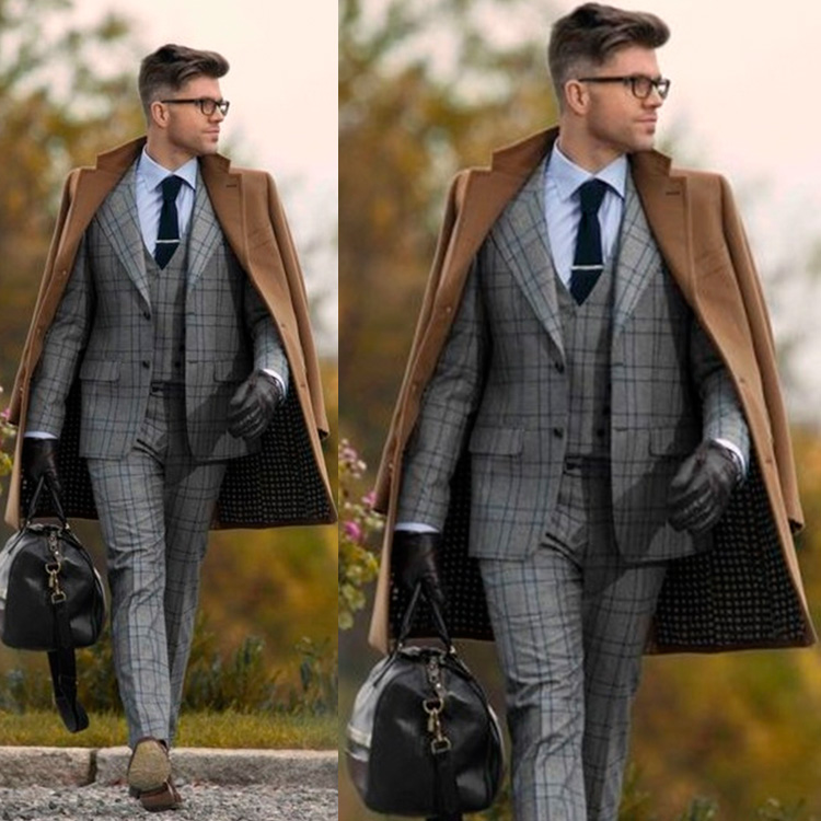 New Fashion Slim Fit Groom Tuxedos Gray Men Suits Groomsmen Wear Formal Blazer (Jacket +Vest + Pants)