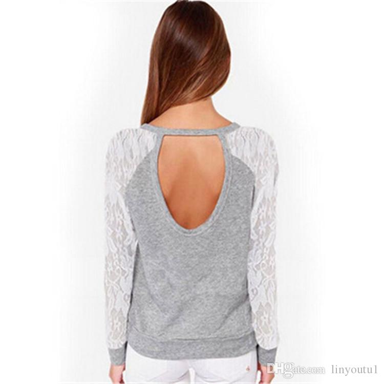 2020 Spring Women Backless Long Sleeve Harajuku Blouses Shirts Lace Crochet Ladies Tops women clothes top
