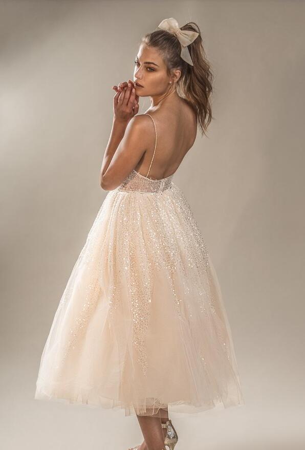 2019 Short Wedding Dresses Spaghetti Lace Sequins Applique Bohemian Champagne Wedding Dress A Line Cheap Bridal Gowns Boho Style