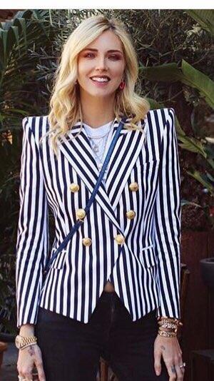 Top Quality Original Design Women's Classic Stripe Blazer Double-Breasted Blazer Business Wear Metal Buckles Jacket Blending Coat Outwear