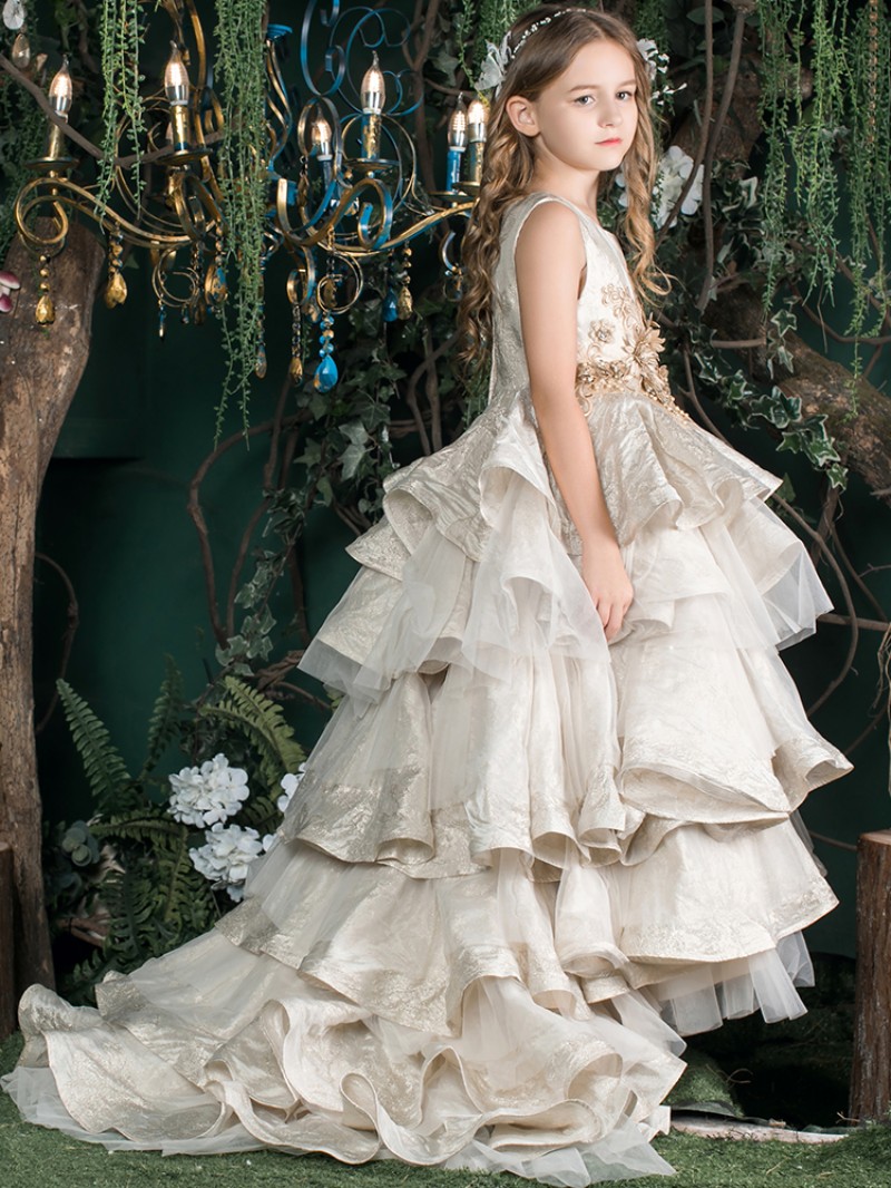 Luxury Girls Pageant Dresses Lace Appliqued Pearls High Low Tiered Skirts Flower Girl Dresses 2019 Princess Birthday Party Gowns Custom Made