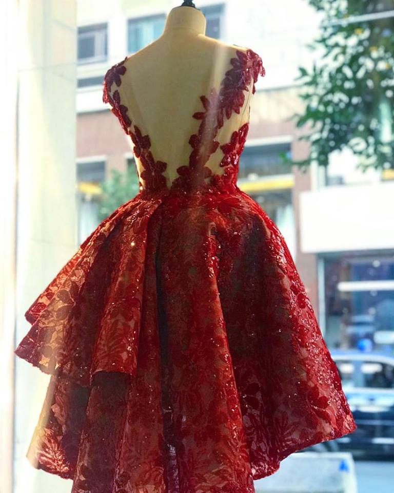 Sky Red Cocktail Party Dresses Sheer Neck Sequined Appliqued Short Prom Dress A line Knee Length Backless Homecoming Dress Custom