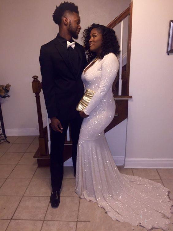 Sparkly Sequined White Mermaid Prom Dresses New Long Sleeve V Neck Sweep Strain Formal Evening Dress Party Gowns Custom Made Plus Size