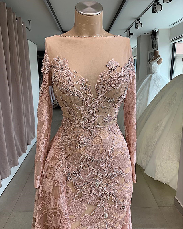 Luxurious Sexy African Dubai Evening Dresses Sheer Neck Blush Lace Beaded Mermaid Vintage Formal Party Bridesmaid Graduation prom Dresses