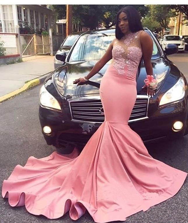 New Arrival Pink Mermaid Prom Dresses Satin Lace Appliques Beads High Neck Sexy Back Cheap Black Girl Plus Size Party Evening Gowns