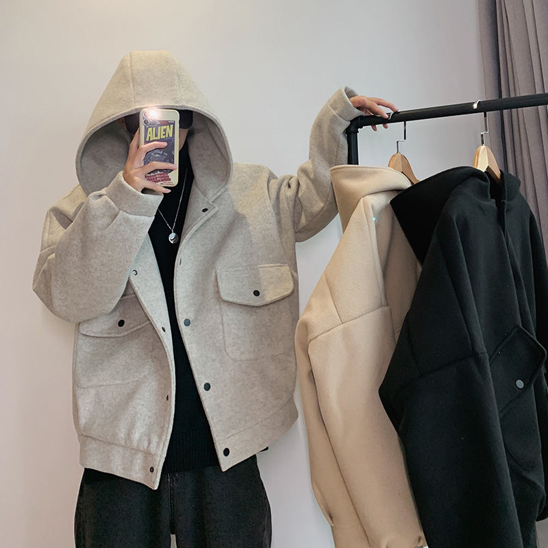 Winter Short Woolen Coat Men's Warm Fashion Solid Color Casual Hooded Woolen Jacket Men Streetwear Loose Korean Coat Men, Black
Winter Short Woolen Coat Men's Warm Fashion Solid Color Casual Hooded Woolen Jacket Men Streetwear Loose Korean Coat Men, Black