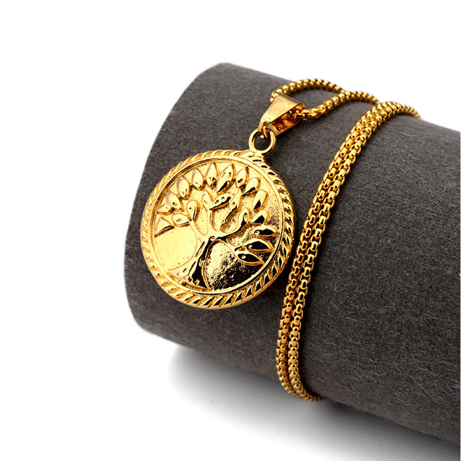 Fashion Mens Women 18k Gold Plate Pendant Necklace Round Charm Tree of Life Pendants Stainless Steel 60cm Long Chain Design Hip Ho