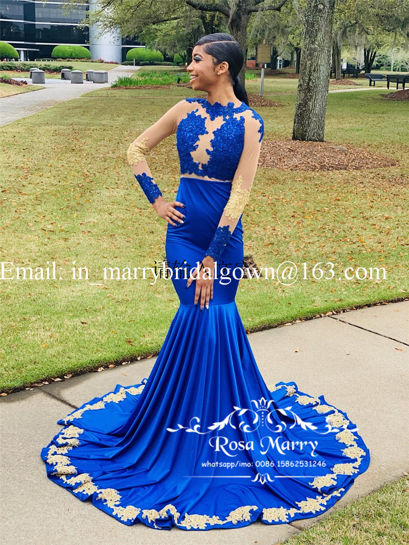 Sexy Royal Blue Mermaid Prom Dresses 2k19 Gold Lace Appliques Long Sleeves Sequined Beaded 2019 African Arabic Girls Graduation Gowns