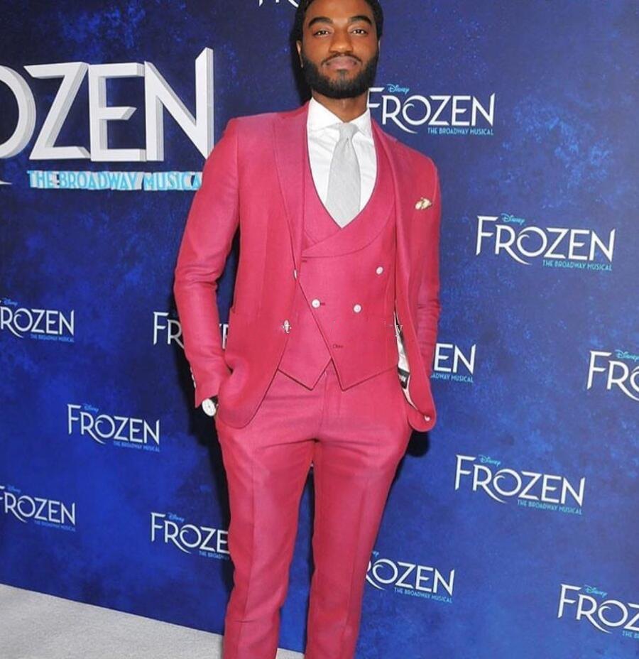 High Quality Two Buttons Hot Pink Wedding Groom Tuxedos Peak Lapel Groomsmen Men Formal Prom Suits (Jacket+Pants+Vest+Tie) W121