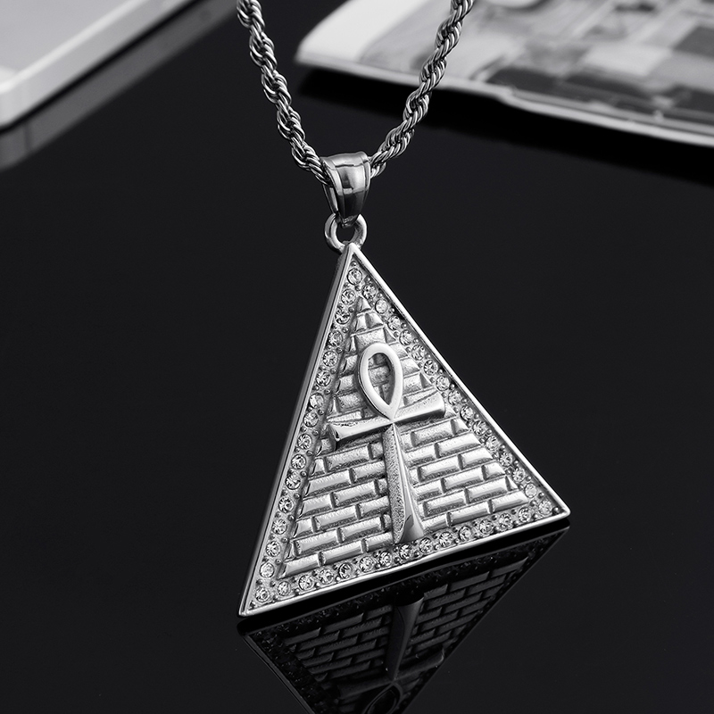 New Men Egyptian Pyramids Cross Pendants Necklace 316L Stainless Steel 18K Gold Plated Rhinestone Setting Jewelry