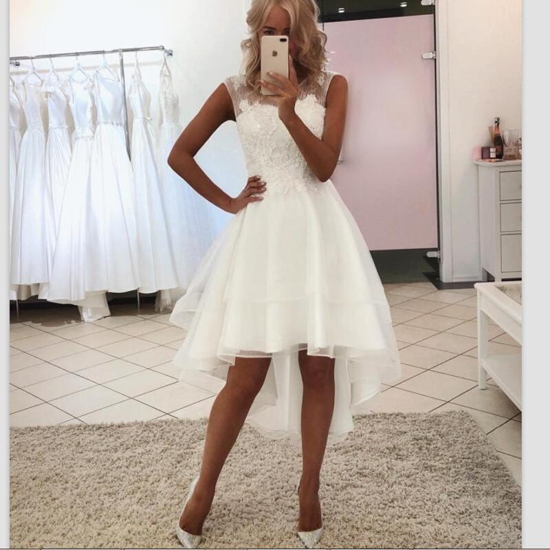 Setwell Jewel Sheer Neck A-line Hi-Lo Wedding Dresses Sleeveless Lace Appliques Short Cheap Beach Bridal Gowns, White
Setwell Jewel Sheer Neck A-line Hi-Lo Wedding Dresses Sleeveless Lace Appliques Short Cheap Beach Bridal Gowns, White