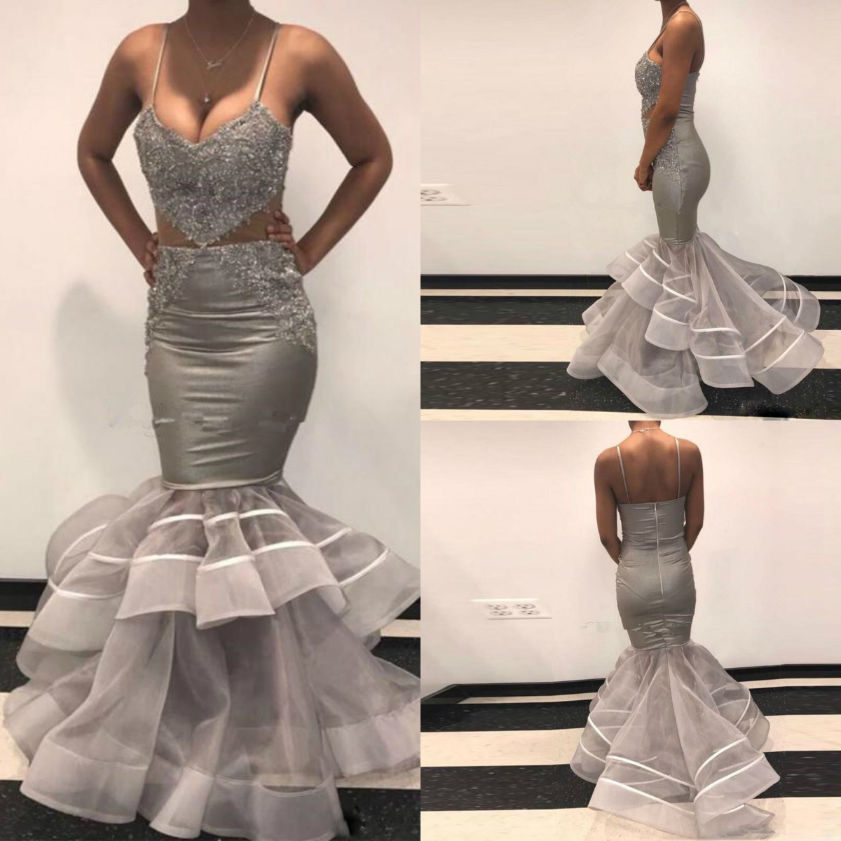 Sexy Gray Mermaid Prom Dresses Spaghetti Lace Appliques Satin Ruffles Plus Size Evening Gowns African robes de soirée Abendkleider