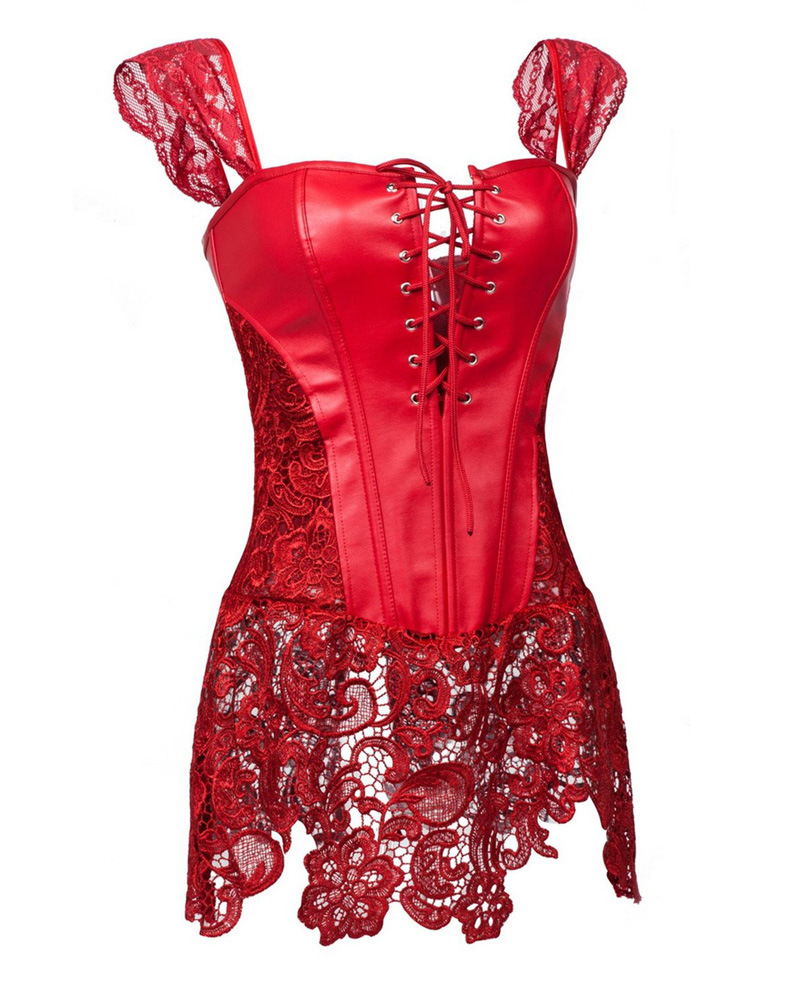 Plus Size Corset Steampunk Women Black Faux Leather Lace Sexy Lingerie Corset Dress Leather Corset Under Bust S-6XL