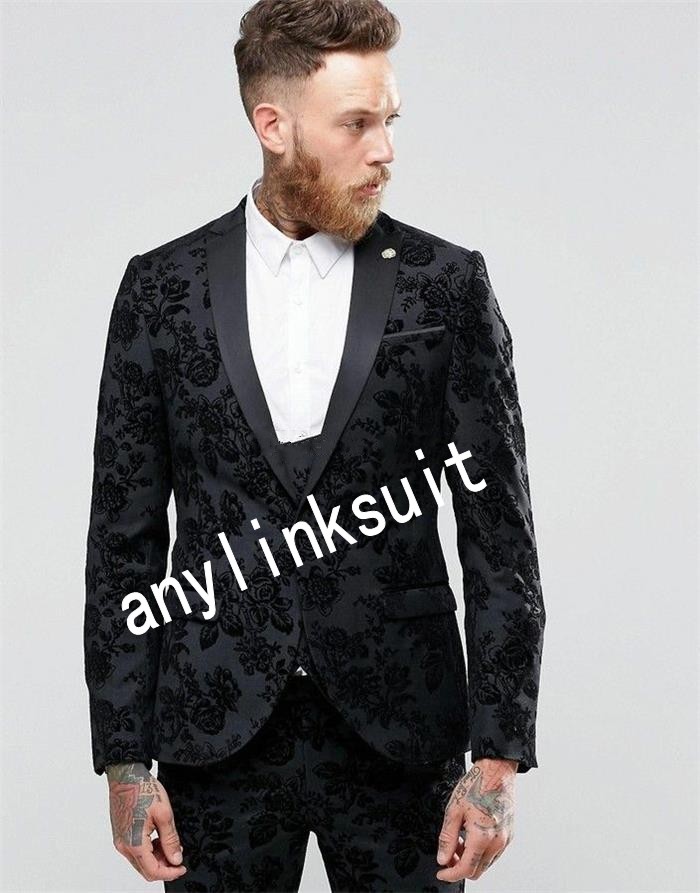 Latest Design One Button Black Embossing Wedding Men Suits Peak Lapel Three Pieces Business Groom Tuxedos (Jacket+Pants+Vest+Tie) W1100