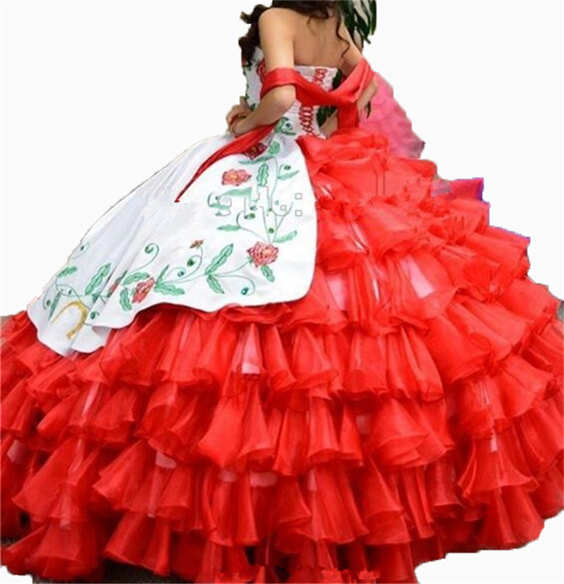 2020 Sexy Sweetheart Red Embroidery Ball Gown Quinceanera Dresses Satin Lace Up Floor Length Vestido De Festa Sweet 16 Dress QC1474