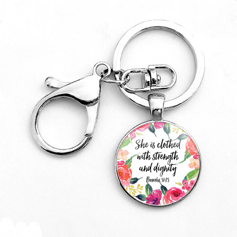 Classic Psalm Quote Key Chain Bible Verse Jewelry Fashion Glass Dome Flower Letter Christian Jesus God With US KeyChain