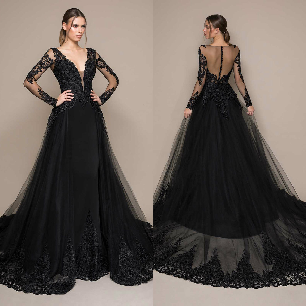 Black Evening Dresses With Detachable Train Deep V Neck Lace Appliqued Sweep Train Long Sleeve Prom Dress Custom Made Cocktail Gowns, Coral
Black Evening Dresses With Detachable Train Deep V Neck Lace Appliqued Sweep Train Long Sleeve Prom Dress Custom Made Cocktail Gowns, Coral