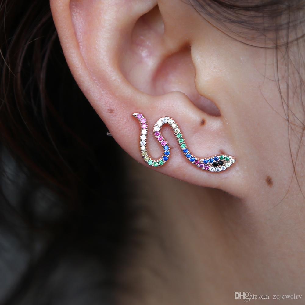 2018 New european jewelry earring for lady girl colorful micro pave cubic zirconia rainbow ear climber snake shaped fashion CZ earrings