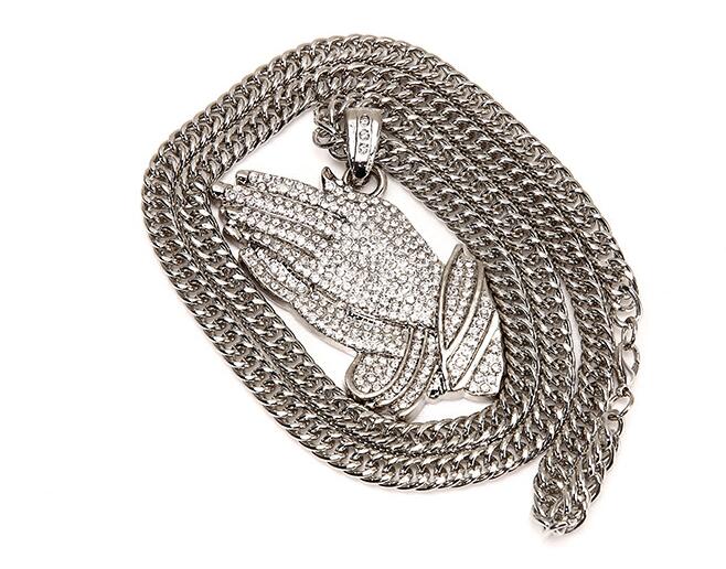 New Silver Praying Hands Hiphop Bling Necklace Mens 18k Gold Religous Jewlry Iced Out Prayer Jesus Women Men Gift Plating WL017