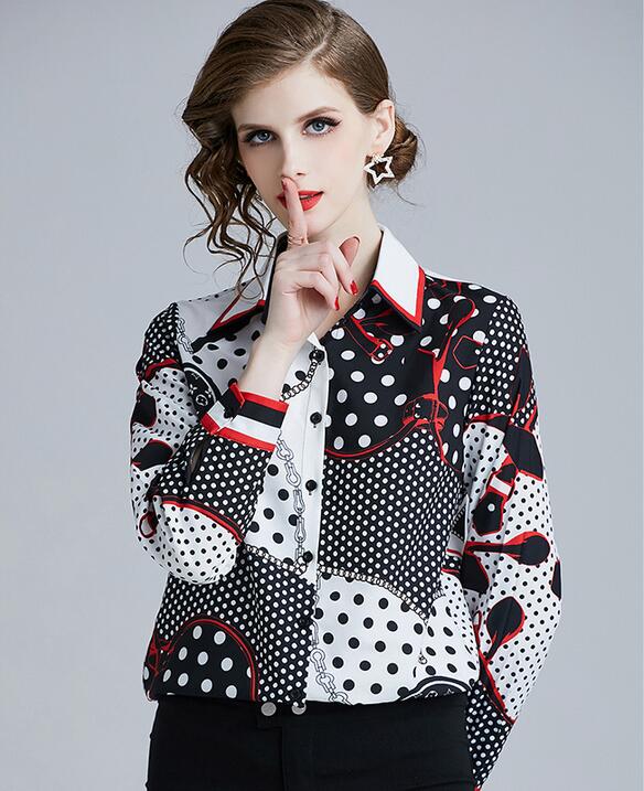 Black Polka dot Chain Contrast color printed white women shirt long sleeve lapel neck ladies shirts fashion printed top, Multi
Black Polka dot Chain Contrast color printed white women shirt long sleeve lapel neck ladies shirts fashion printed top, Multi