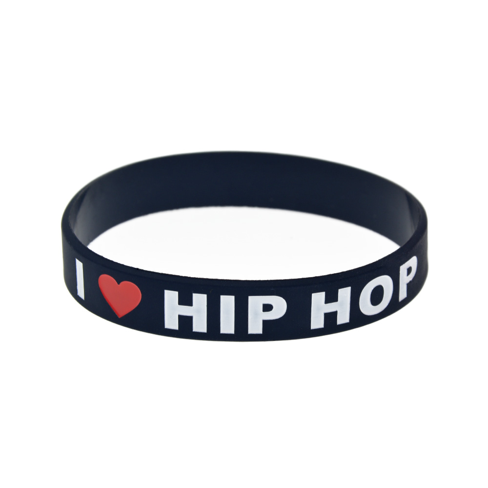 100PCS I Love Hip Hop Silicone Rubber Bracelet Ink Filled Logo Black and White for Music Fans