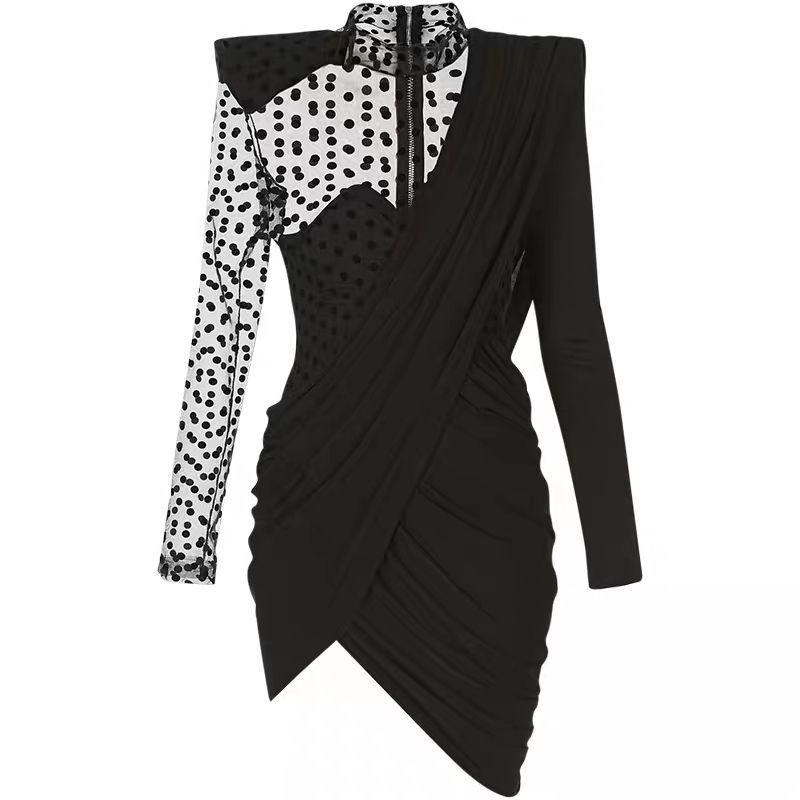 Casual Dresses Women Dress Stand Collar Long Sleeve Black Dot Mesh Stitching Pleated Wrap Irregular Sexy Mini Dresses1