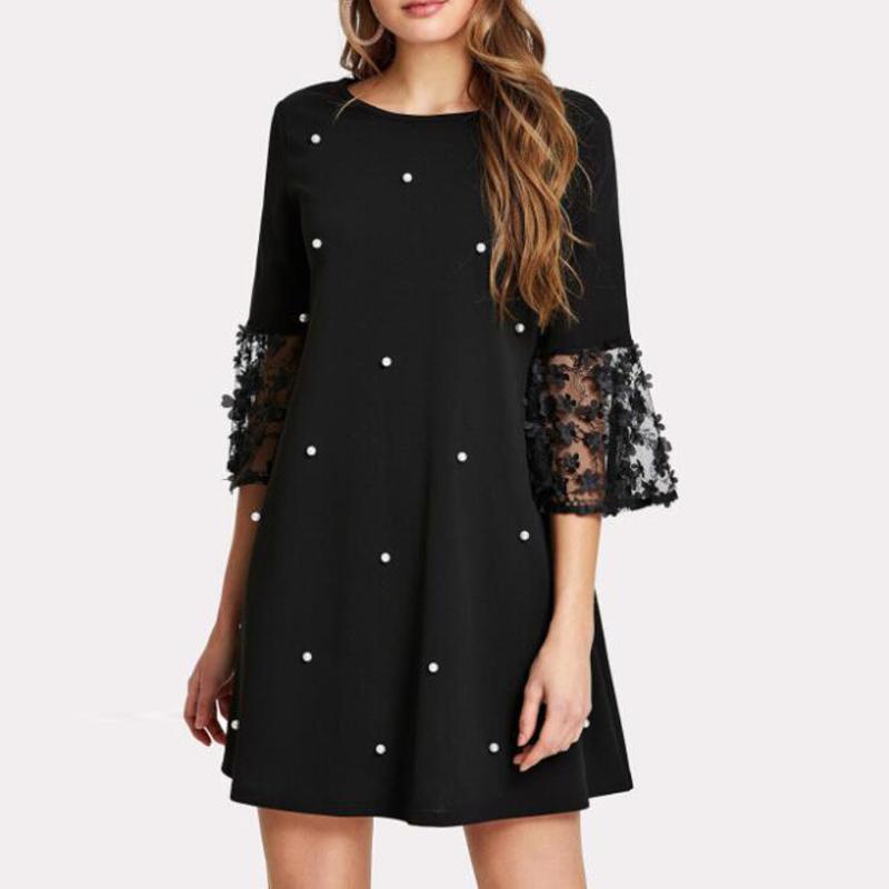 Summer Dresses Women Lace Fashion Women Sexy Wave Solid Point O-neck Spliced Hollow Out Long Sleeve Dress Casual Ropa Mujer, Black 
Summer Dresses Women Lace Fashion Women Sexy Wave Solid Point O-neck Spliced Hollow Out Long Sleeve Dress Casual Ropa Mujer, Black